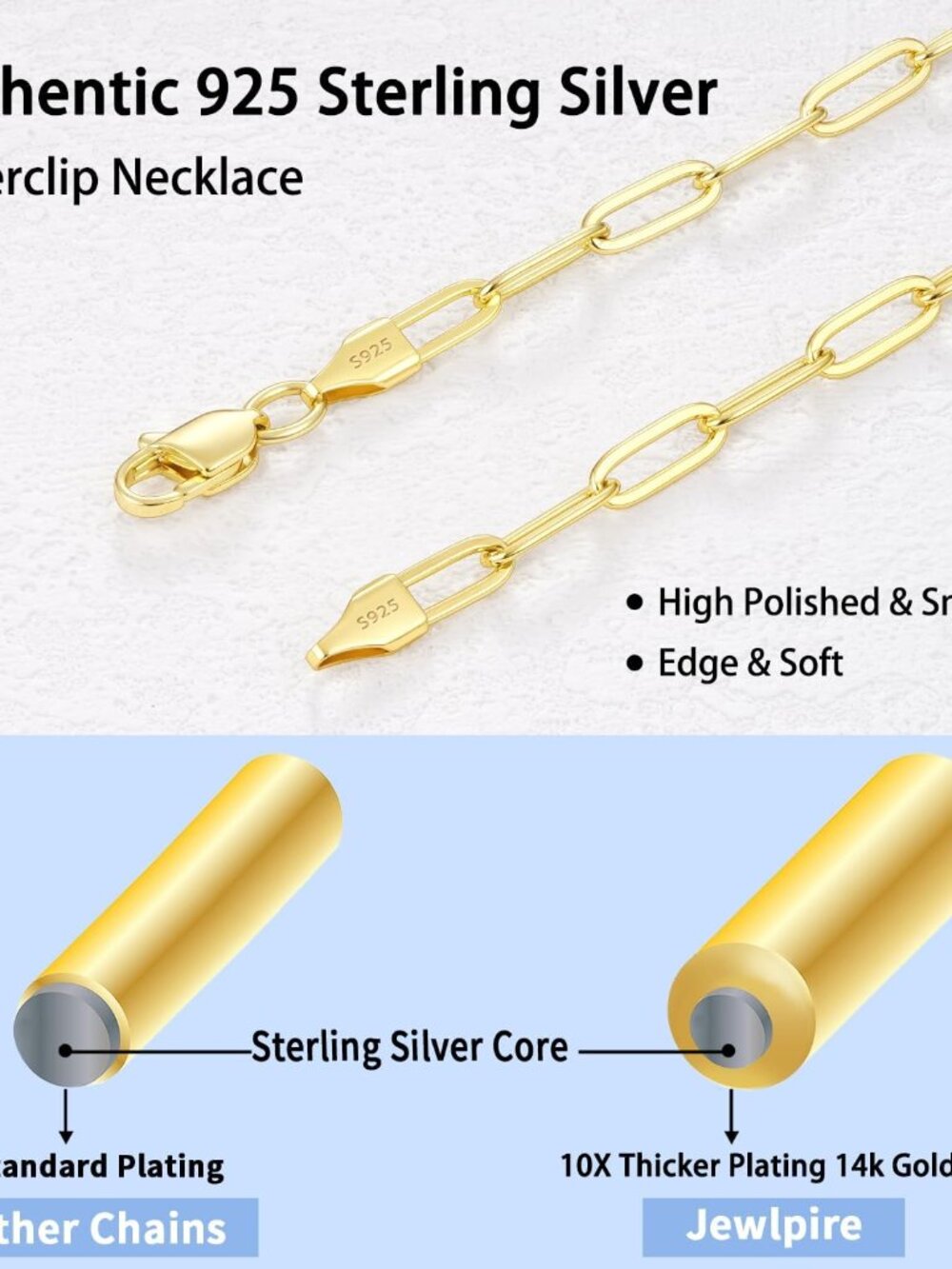 14K Gold Plated 925 Sterling Silver Paperclip Chain Necklace for Women, 4mm 5mm - Picture 2 of 5